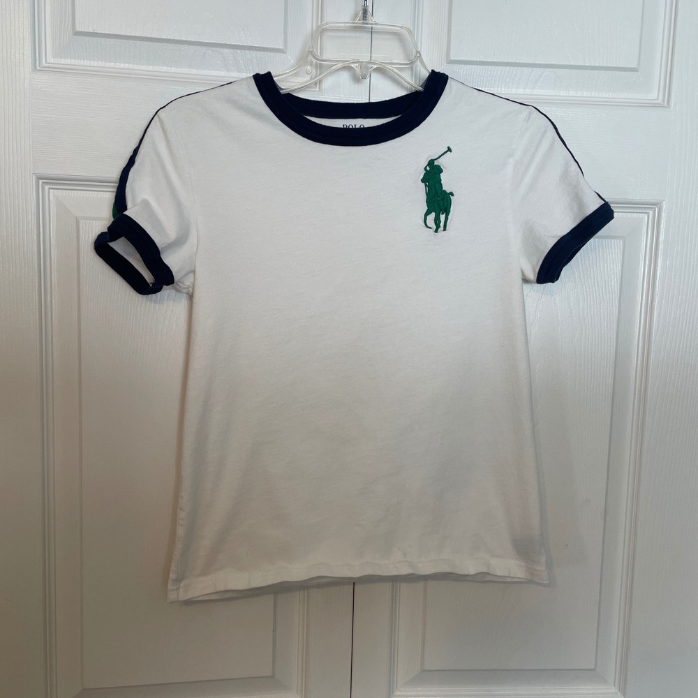 Polo‎ Ralph Lauren T Shirt Kids 10/12 White Green Big Pony Ringer Short Sleeve